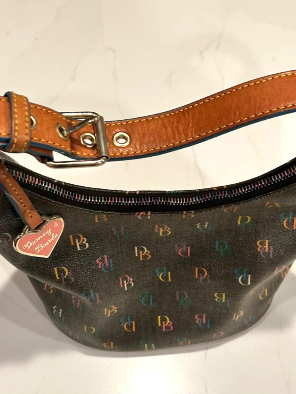 Vintage Dooney & Bourke Rainbow Monogram Brown Leather Pink Heart Zipper Handbag